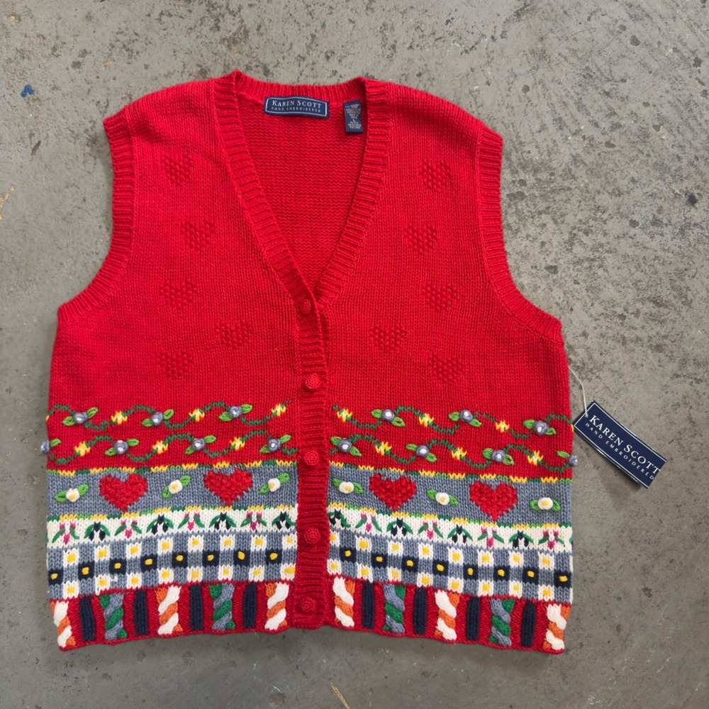 Karen Scott Red Hand Embroidered Heart Flower Sweater Vest NWT Womens Large